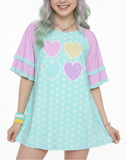 Kawaii fashion Harajuku fashion Jfashion Japanese street fashion fairy kei yume kawaii cutecore jojifuku Sweet Love Hearts Blue Round Neck Raglan Sleeve Ruffle Frill T-Shirt (Polka Dots) pastel pink aqua blue