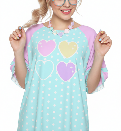 Kawaii fashion Harajuku fashion Jfashion Japanese street fashion fairy kei yume kawaii cutecore jojifuku Sweet Love Hearts Blue Round Neck Raglan Sleeve Ruffle Frill T-Shirt (Polka Dots) pastel pink aqua blue