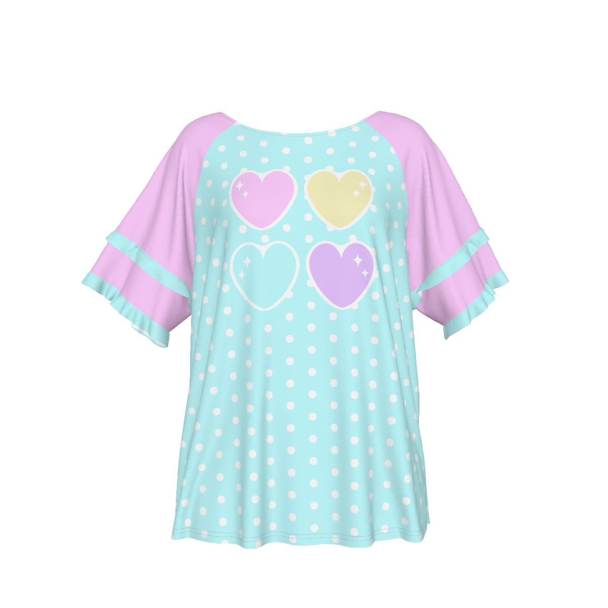 Kawaii fashion Harajuku fashion Jfashion Japanese street fashion fairy kei yume kawaii cutecore jojifuku Sweet Love Hearts Blue Round Neck Raglan Sleeve Ruffle Frill T-Shirt (Polka Dots) pastel pink aqua blue