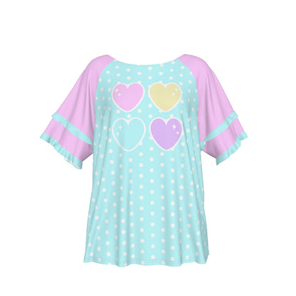 Kawaii fashion Harajuku fashion Jfashion Japanese street fashion fairy kei yume kawaii cutecore jojifuku Sweet Love Hearts Blue Round Neck Raglan Sleeve Ruffle Frill T-Shirt (Polka Dots) pastel pink aqua blue