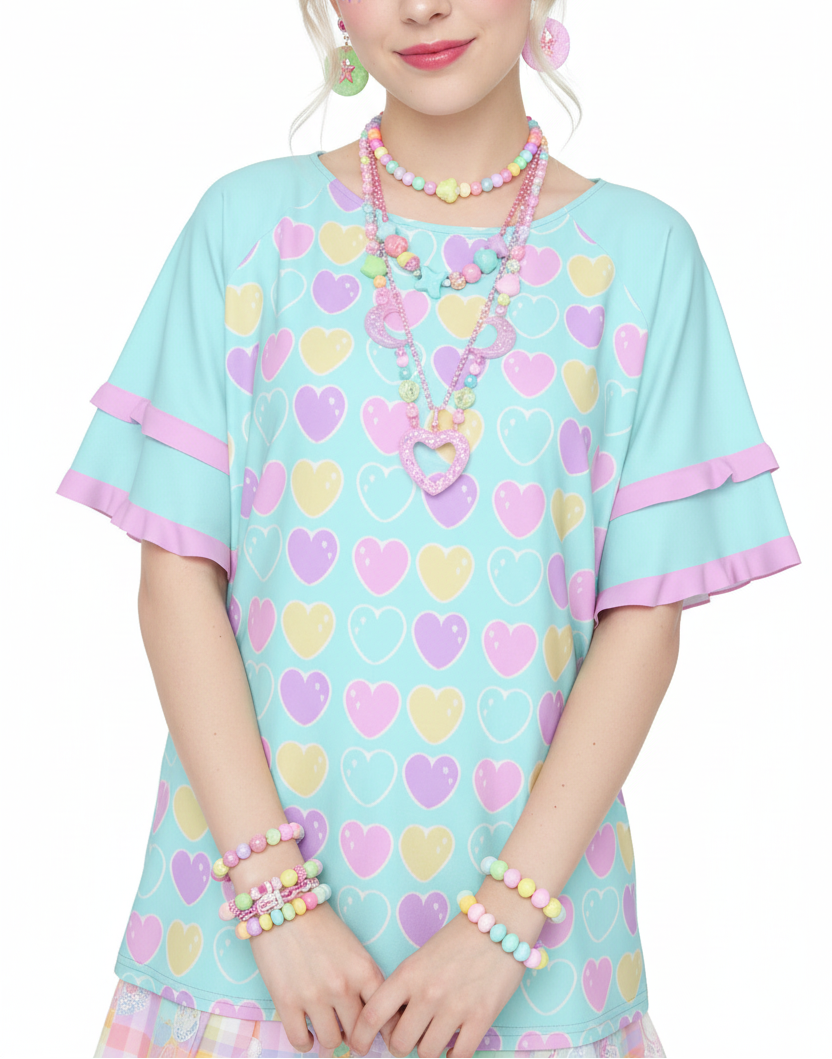 Kawaii fashion Harajuku fashion Jfashion Japanese street fashion fairy kei yume kawaii cutecore jojifuku Sweet Love Hearts Blue Round Neck Raglan Sleeve Ruffle Frill T-Shirt pastel blue aqua
