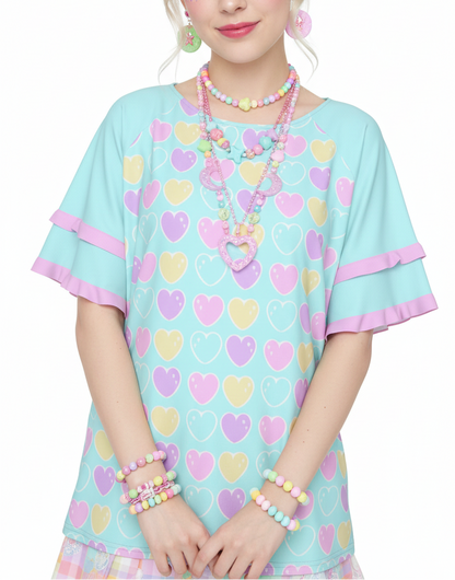 Kawaii fashion Harajuku fashion Jfashion Japanese street fashion fairy kei yume kawaii cutecore jojifuku Sweet Love Hearts Blue Round Neck Raglan Sleeve Ruffle Frill T-Shirt pastel blue aqua