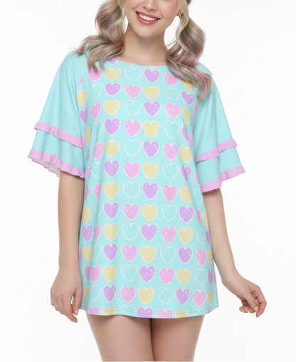 Kawaii fashion Harajuku fashion Jfashion Japanese street fashion fairy kei yume kawaii cutecore jojifuku Sweet Love Hearts Blue Round Neck Raglan Sleeve Ruffle Frill T-Shirt pastel blue aqua