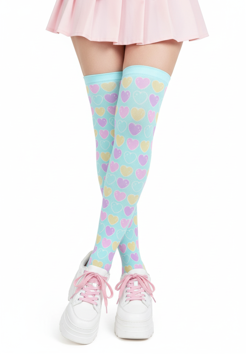 Kawaii fashion Harajuku fashion Jfashion Japanese street fashion fairy kei yume kawaii cutecore jojifuku Sweet Love Hearts Over Knee Stocking Socks (Blue) pastel colored hearts colorful aqua