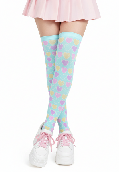 Kawaii fashion Harajuku fashion Jfashion Japanese street fashion fairy kei yume kawaii cutecore jojifuku Sweet Love Hearts Over Knee Stocking Socks (Blue) pastel colored hearts colorful aqua