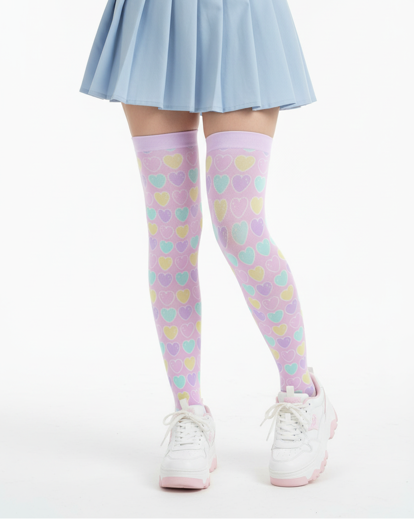 Kawaii fashion Harajuku fashion Jfashion Japanese street fashion fairy kei yume kawaii cutecore jojifuku Sweet Love Hearts Over Knee Stocking Socks (Pink) pastel colored hearts colorful