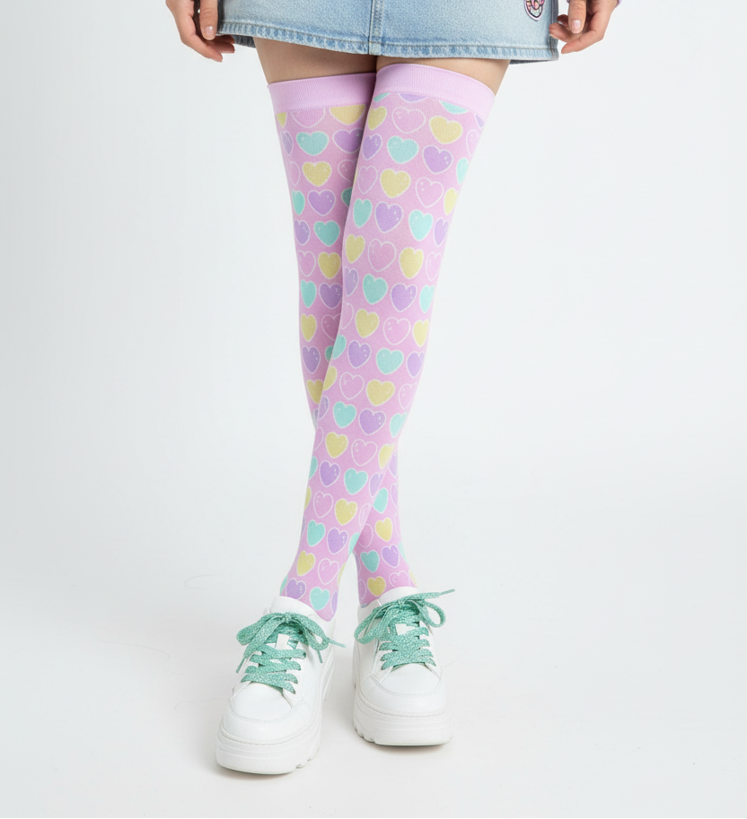Kawaii fashion Harajuku fashion Jfashion Japanese street fashion fairy kei yume kawaii cutecore jojifuku Sweet Love Hearts Over Knee Stocking Socks (Pink) pastel colored hearts colorful