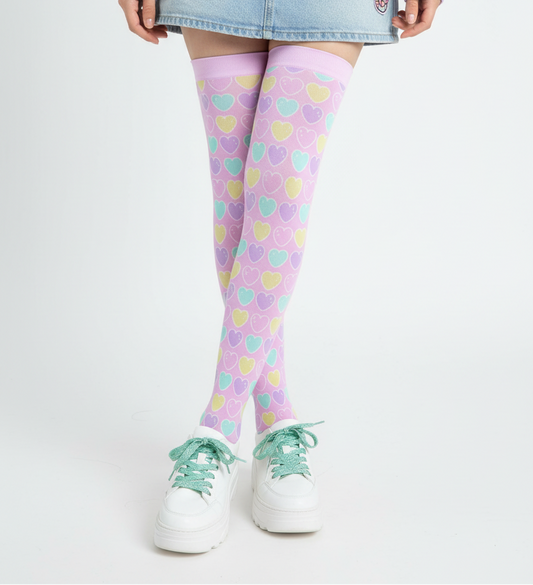 Kawaii fashion Harajuku fashion Jfashion Japanese street fashion fairy kei yume kawaii cutecore jojifuku Sweet Love Hearts Over Knee Stocking Socks (Pink) pastel colored hearts colorful