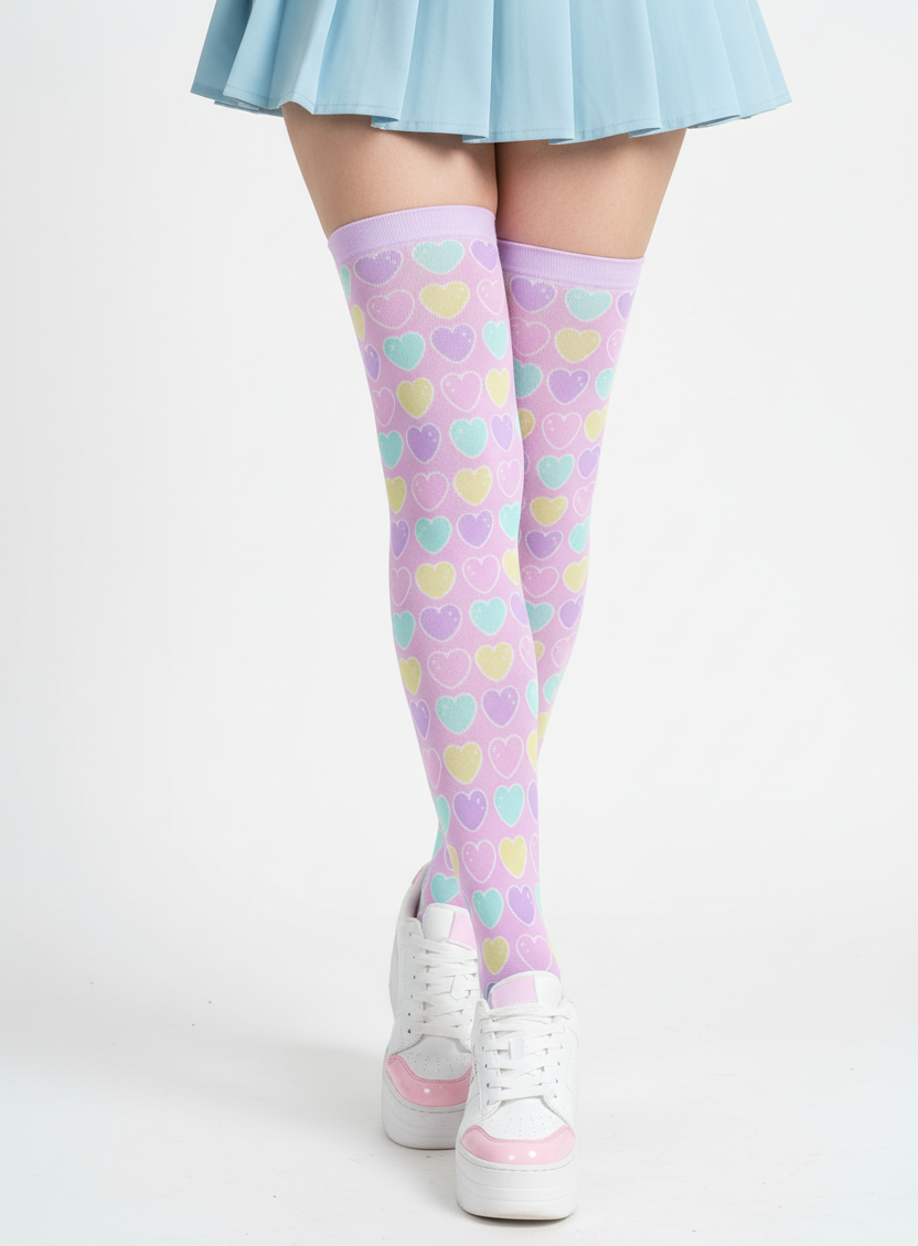 Kawaii fashion Harajuku fashion Jfashion Japanese street fashion fairy kei yume kawaii cutecore jojifuku Sweet Love Hearts Over Knee Stocking Socks (Pink) pastel colored hearts colorful