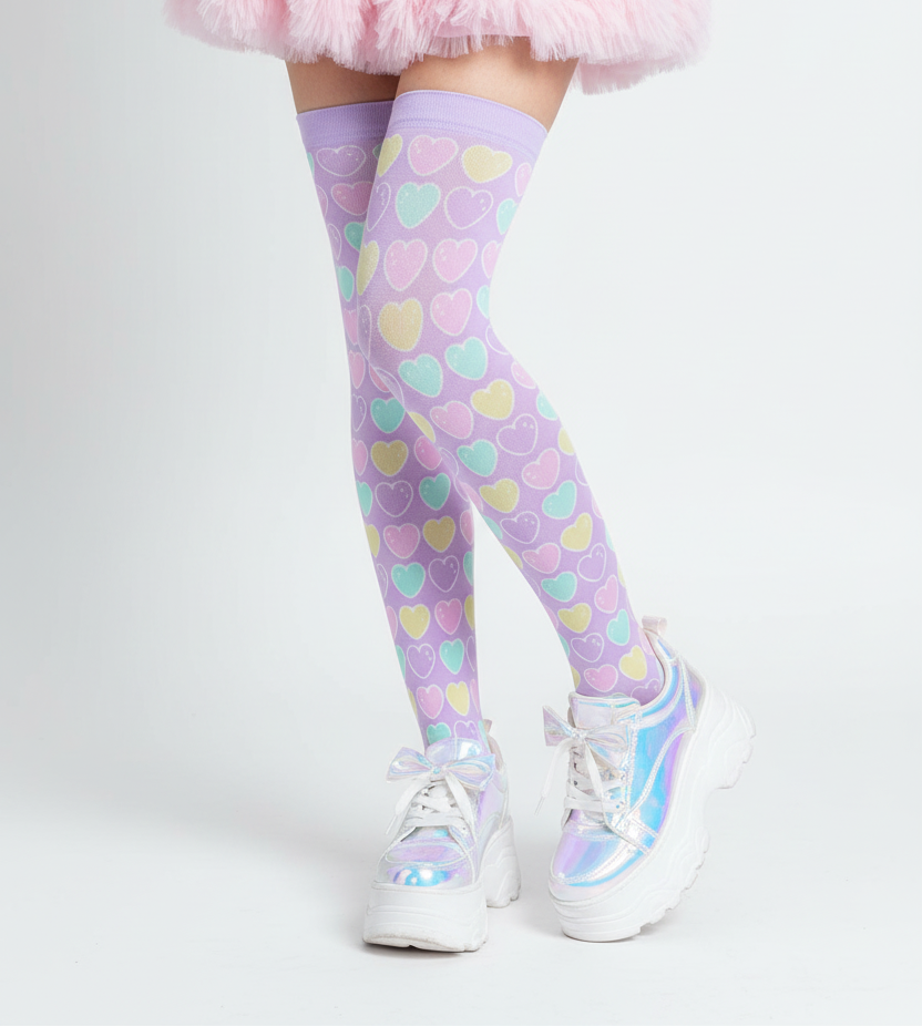 Kawaii fashion Harajuku fashion Jfashion Japanese street fashion fairy kei yume kawaii cutecore jojifuku Sweet Love Hearts Over Knee Stocking Socks (Purple) pastel colored hearts colorful 