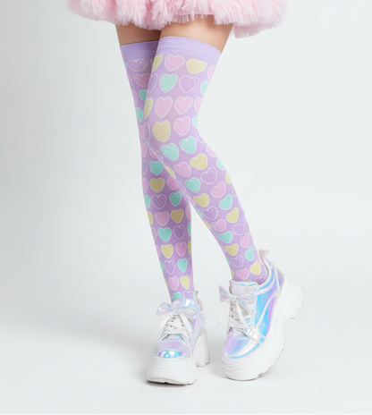 Kawaii fashion Harajuku fashion Jfashion Japanese street fashion fairy kei yume kawaii cutecore jojifuku Sweet Love Hearts Over Knee Stocking Socks (Purple) pastel colored hearts colorful 