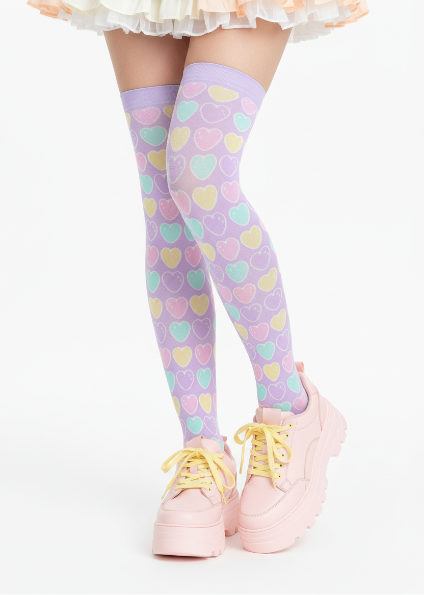 Kawaii fashion Harajuku fashion Jfashion Japanese street fashion fairy kei yume kawaii cutecore jojifuku Sweet Love Hearts Over Knee Stocking Socks (Purple) pastel colored hearts colorful 