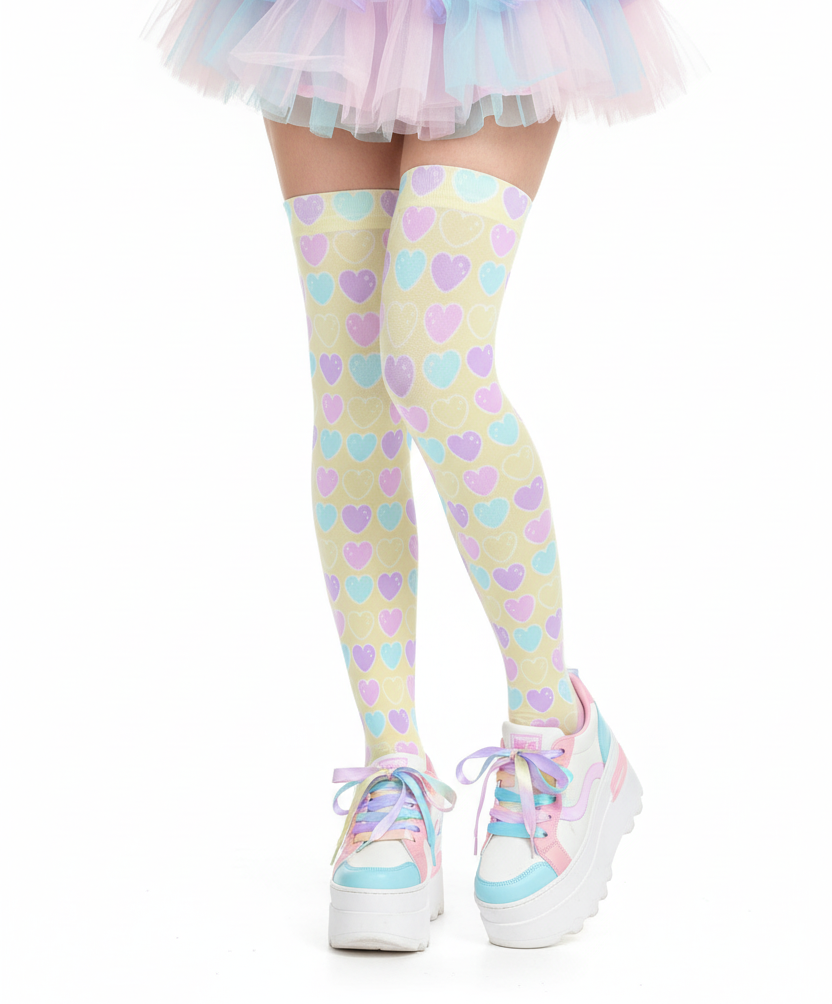 Kawaii fashion Harajuku fashion Jfashion Japanese street fashion fairy kei yume kawaii cutecore jojifuku Sweet Love Hearts Over Knee Stocking Socks (Yellow) pastel colored hearts colorful