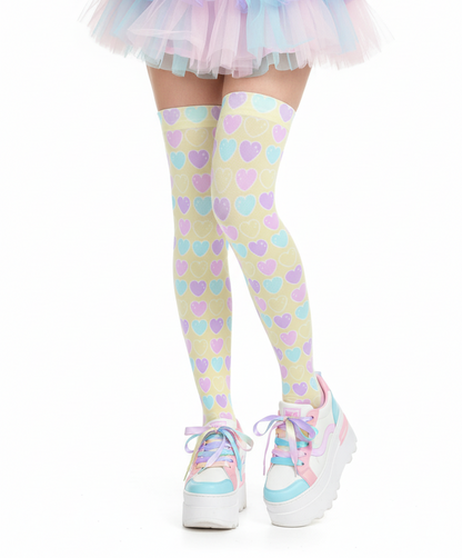 Kawaii fashion Harajuku fashion Jfashion Japanese street fashion fairy kei yume kawaii cutecore jojifuku Sweet Love Hearts Over Knee Stocking Socks (Yellow) pastel colored hearts colorful