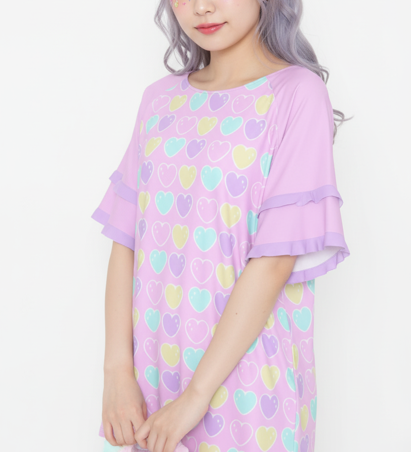 Kawaii fashion Harajuku fashion Jfashion Japanese street fashion fairy kei yume kawaii cutecore jojifuku Sweet Love Hearts Pink Round Neck Raglan Sleeve Ruffle Frill T-Shirt