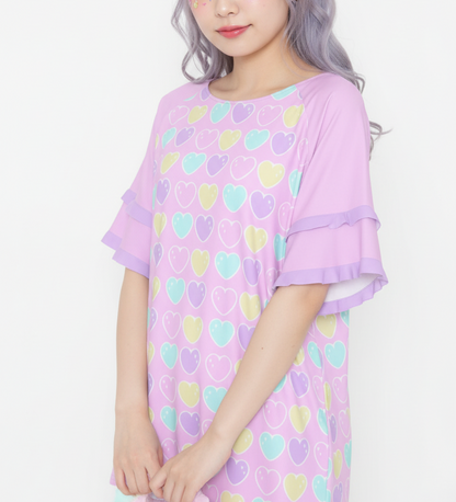 Kawaii fashion Harajuku fashion Jfashion Japanese street fashion fairy kei yume kawaii cutecore jojifuku Sweet Love Hearts Pink Round Neck Raglan Sleeve Ruffle Frill T-Shirt