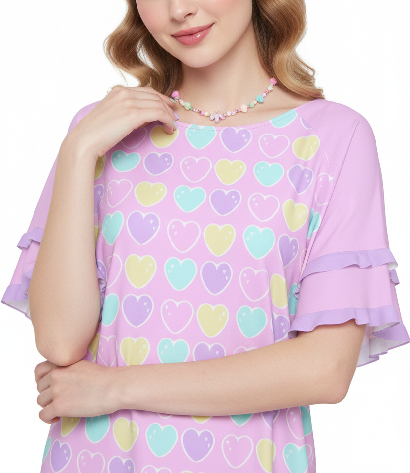 Kawaii fashion Harajuku fashion Jfashion Japanese street fashion fairy kei yume kawaii cutecore jojifuku Sweet Love Hearts Pink Round Neck Raglan Sleeve Ruffle Frill T-Shirt