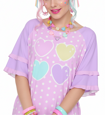 Kawaii fashion Harajuku fashion Jfashion Japanese street fashion fairy kei yume kawaii cutecore jojifuku  Sweet Love Hearts Pink Round Neck Raglan Sleeve Ruffle Frill T-Shirt (Polka Dots) lovecore pastel hearts 