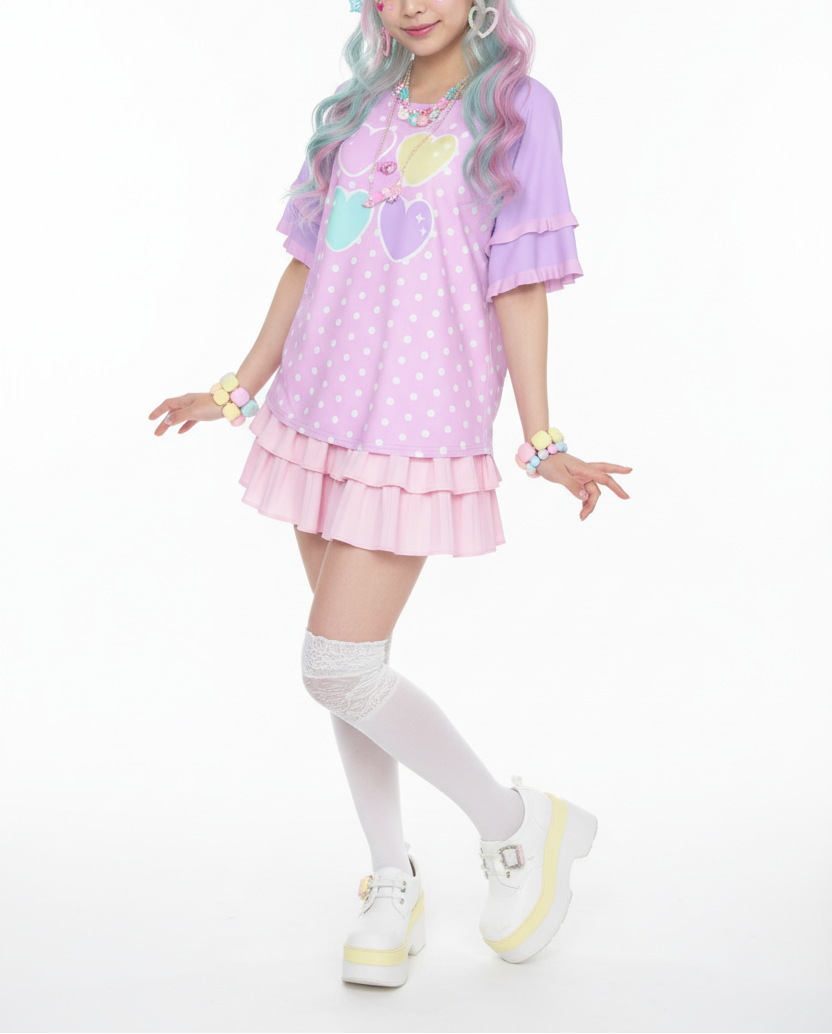 Kawaii fashion Harajuku fashion Jfashion Japanese street fashion fairy kei yume kawaii cutecore jojifuku  Sweet Love Hearts Pink Round Neck Raglan Sleeve Ruffle Frill T-Shirt (Polka Dots) lovecore pastel hearts 