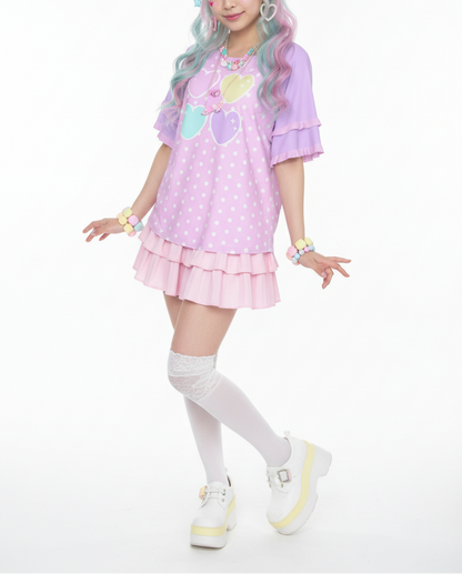 Kawaii fashion Harajuku fashion Jfashion Japanese street fashion fairy kei yume kawaii cutecore jojifuku  Sweet Love Hearts Pink Round Neck Raglan Sleeve Ruffle Frill T-Shirt (Polka Dots) lovecore pastel hearts 