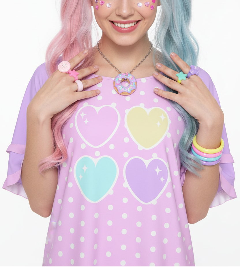 Kawaii fashion Harajuku fashion Jfashion Japanese street fashion fairy kei yume kawaii cutecore jojifuku  Sweet Love Hearts Pink Round Neck Raglan Sleeve Ruffle Frill T-Shirt (Polka Dots) lovecore pastel hearts 