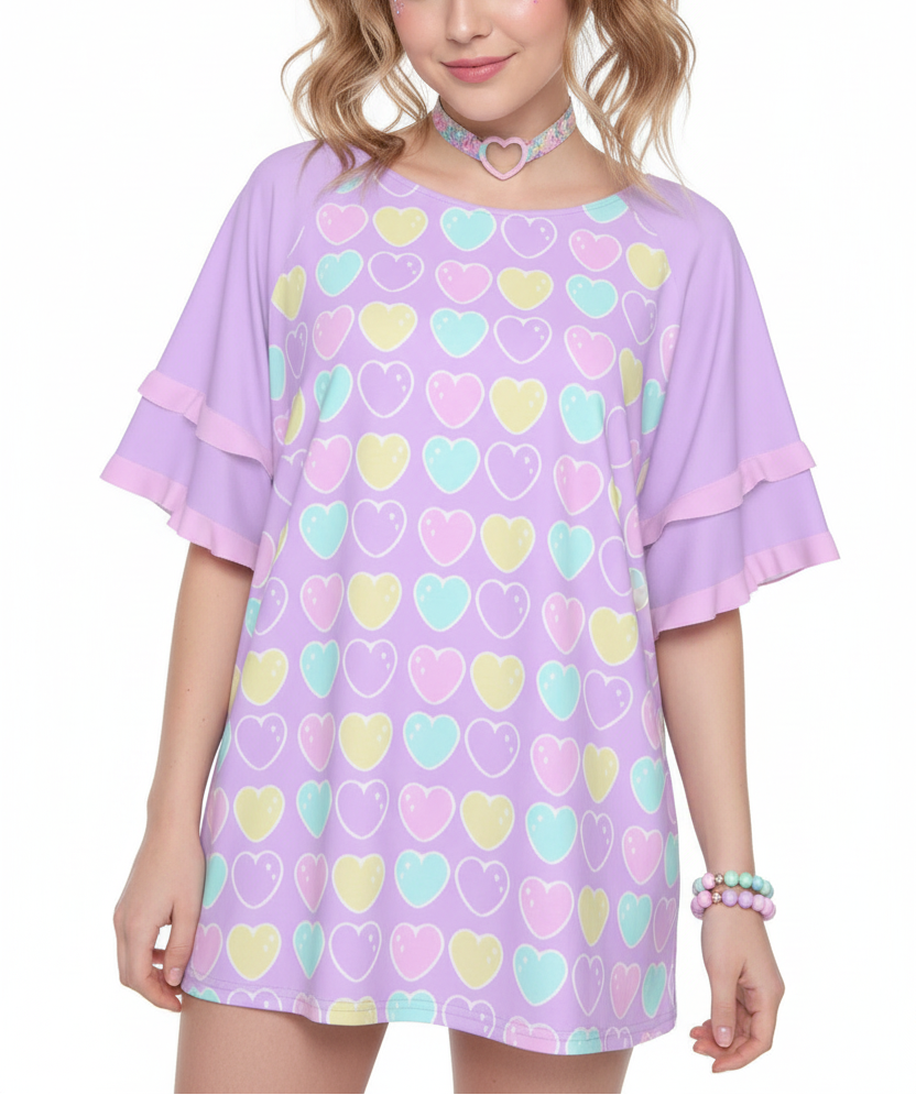 Kawaii fashion Harajuku fashion Jfashion Japanese street fashion fairy kei yume kawaii cutecore jojifuku
 Sweet Love Hearts Purple Round Neck Raglan Sleeve Ruffle Frill T-Shirt
