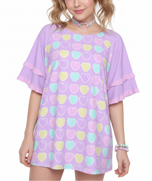 Kawaii fashion Harajuku fashion Jfashion Japanese street fashion fairy kei yume kawaii cutecore jojifuku
 Sweet Love Hearts Purple Round Neck Raglan Sleeve Ruffle Frill T-Shirt