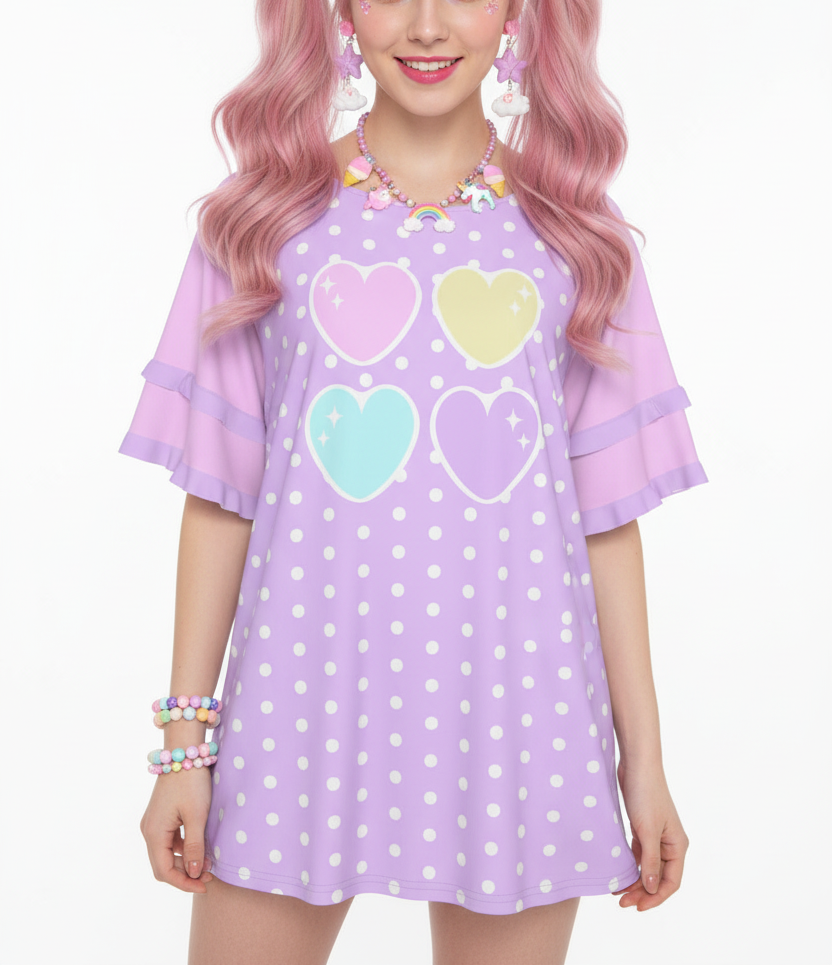 Kawaii fashion Harajuku fashion Jfashion Japanese street fashion fairy kei yume kawaii cutecore jojifuku Sweet Love Hearts Purple Round Neck Raglan Sleeve Ruffle Frill T-Shirt (Polka Dots)