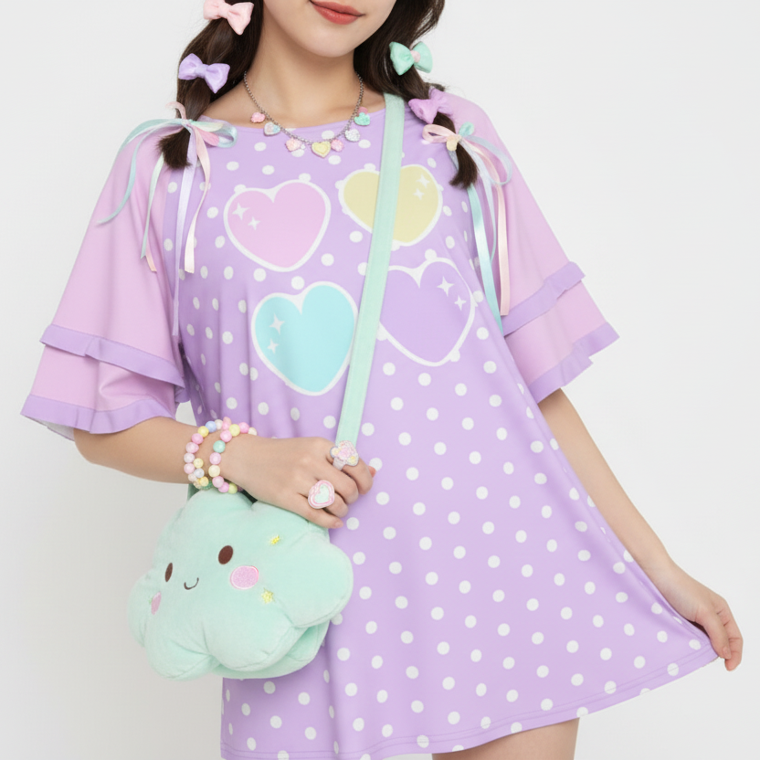 Kawaii fashion Harajuku fashion Jfashion Japanese street fashion fairy kei yume kawaii cutecore jojifuku Sweet Love Hearts Purple Round Neck Raglan Sleeve Ruffle Frill T-Shirt (Polka Dots)