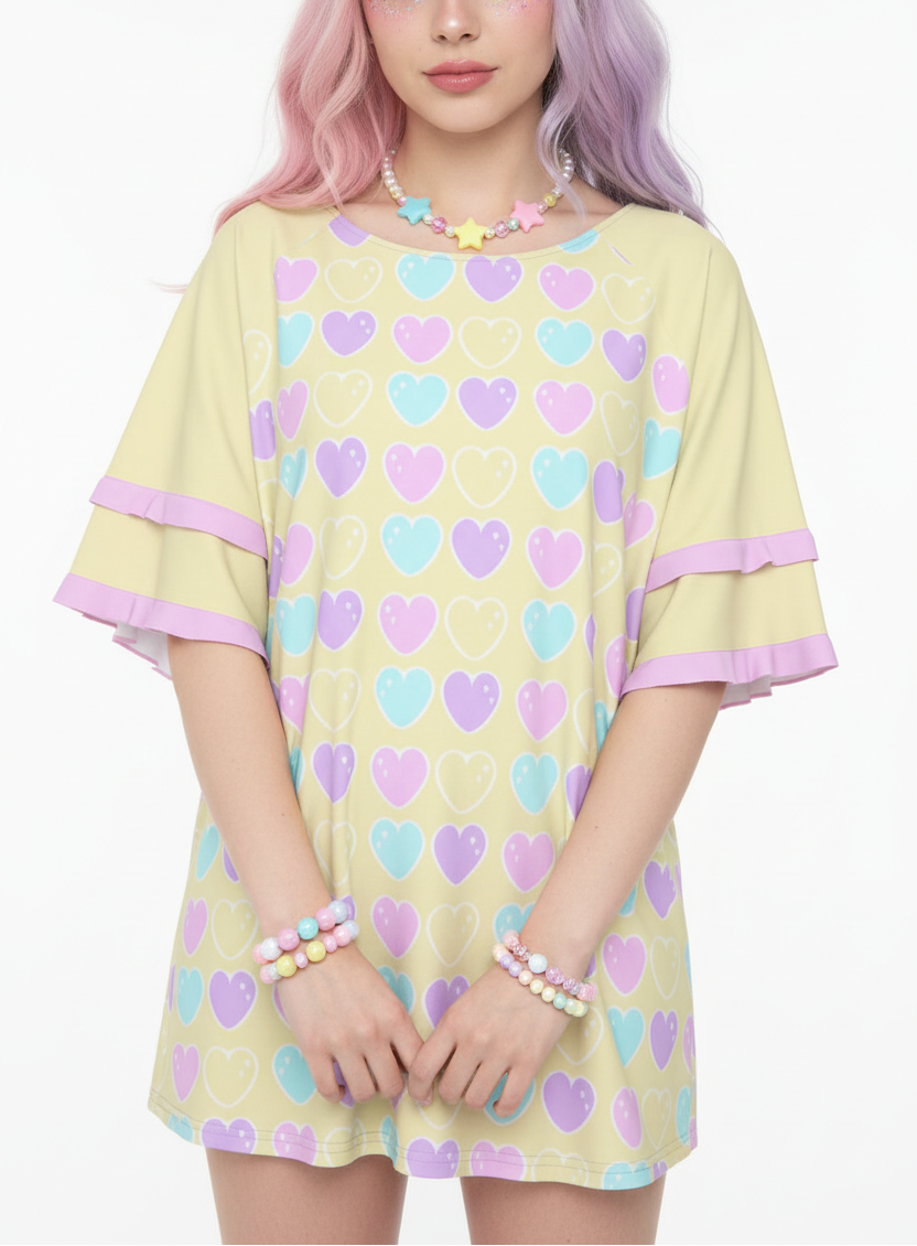 Kawaii fashion Harajuku fashion Jfashion Japanese street fashion fairy kei yume kawaii cutecore jojifuku Sweet Love Hearts Yellow Round Neck Raglan Sleeve Ruffle Frill T-Shirt 