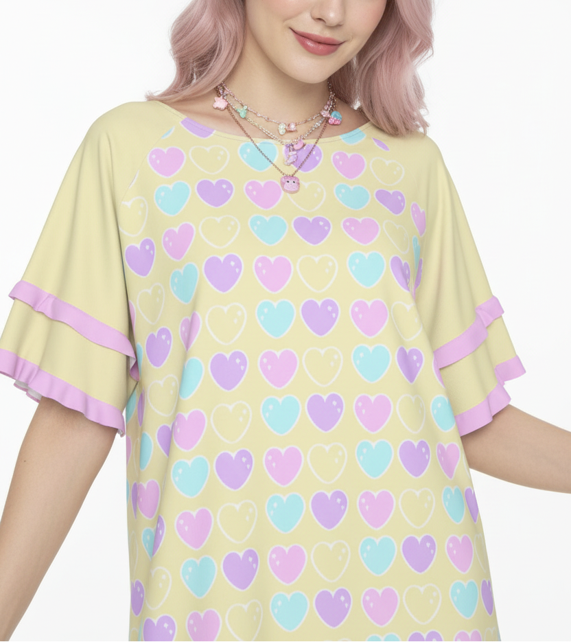 Kawaii fashion Harajuku fashion Jfashion Japanese street fashion fairy kei yume kawaii cutecore jojifuku Sweet Love Hearts Yellow Round Neck Raglan Sleeve Ruffle Frill T-Shirt 