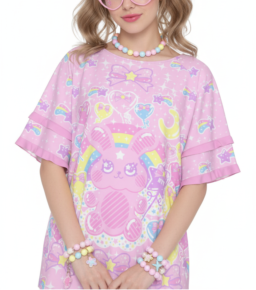 Kawaii fashion Harajuku fashion Jfashion Yume kawaii fairy kei Bubblegum Bunny Round Neck Raglan Sleeve Ruffle Frill T-Shirt magical girl mahou kei pastel cute cutecore jojifuku 