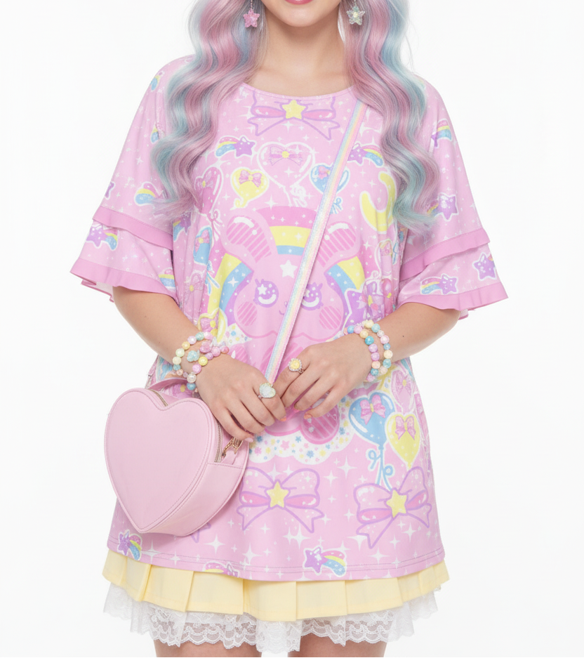 Kawaii fashion Harajuku fashion Jfashion Yume kawaii fairy kei Bubblegum Bunny Round Neck Raglan Sleeve Ruffle Frill T-Shirt magical girl mahou kei pastel cute cutecore jojifuku 