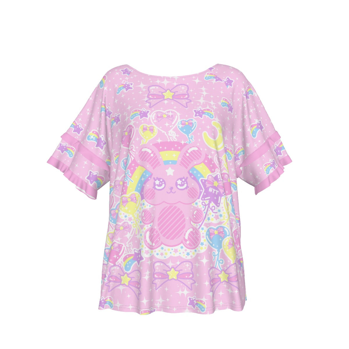 Kawaii fashion Harajuku fashion Jfashion Yume kawaii fairy kei Bubblegum Bunny Round Neck Raglan Sleeve Ruffle Frill T-Shirt magical girl mahou kei pastel cute cutecore jojifuku 