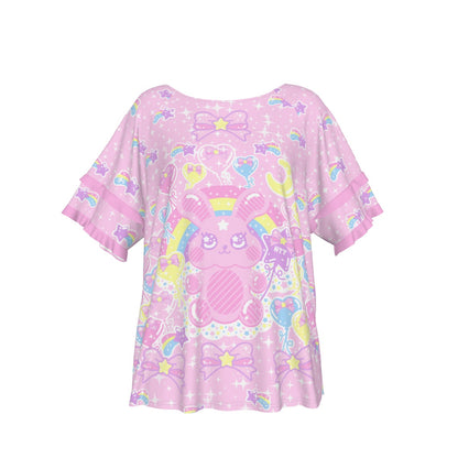 Kawaii fashion Harajuku fashion Jfashion Yume kawaii fairy kei Bubblegum Bunny Round Neck Raglan Sleeve Ruffle Frill T-Shirt magical girl mahou kei pastel cute cutecore jojifuku 