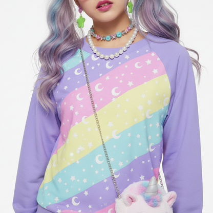 Kawaii fashion Harajuku fashion jfashion Japanese street fashion Uchuu kei Cosmic Rainbow Women's Round Neck Raglan Sleeve Sweatshirt pastel decora kei