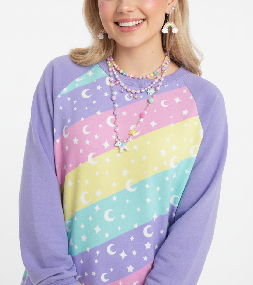 Kawaii fashion Harajuku fashion jfashion Japanese street fashion Uchuu kei Cosmic Rainbow Women's Round Neck Raglan Sleeve Sweatshirt pastel decora kei