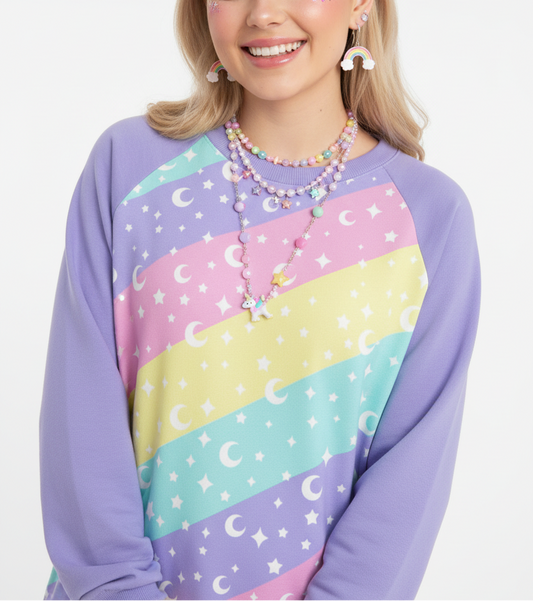 Kawaii fashion Harajuku fashion jfashion Japanese street fashion Uchuu kei Cosmic Rainbow Women's Round Neck Raglan Sleeve Sweatshirt pastel decora kei