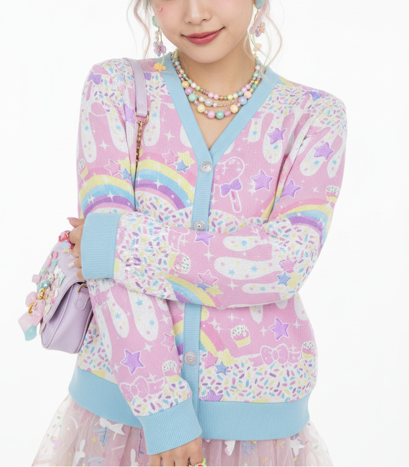 Kawaii fashion Harajuku fashion jfashion   fairy kei yume kawaii decora kei Cutecore jojifuku candy sprinkles pastel colors cupcake Rainbow Sweets Pink Women's Ribbed Button Up Cardigan