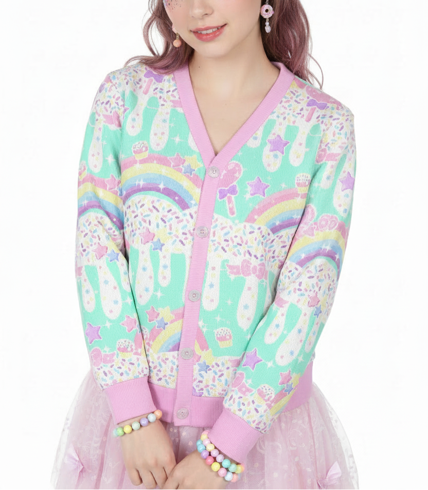 Kawaii fashion Harajuku fashion jfashion   fairy kei yume kawaii decora kei candy sprinkles pastel green cupcake Rainbow Sweets Mint Women's Ribbed Button Up Cardigan