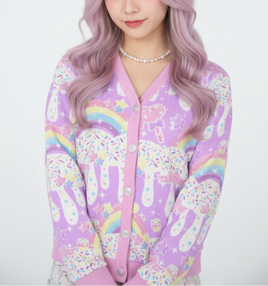 Kawaii fashion Harajuku fashion jfashion   fairy kei yume kawaii decora kei candy sprinkles pastel purple lilac lavender cupcake Rainbow Sweets Purple Women's Ribbed Button Up Cardigan