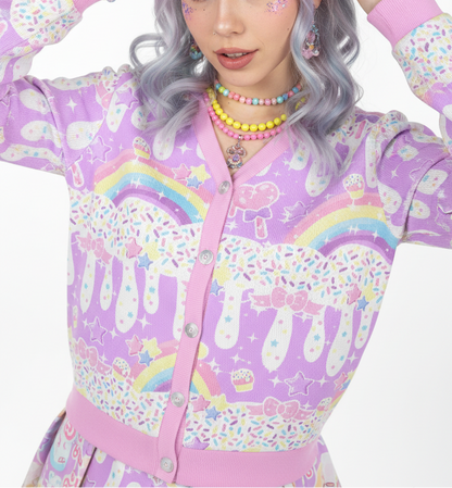 Kawaii fashion Harajuku fashion jfashion   fairy kei yume kawaii decora kei candy sprinkles pastel purple lilac lavender cupcake Rainbow Sweets Purple Women's Ribbed Button Up Cardigan