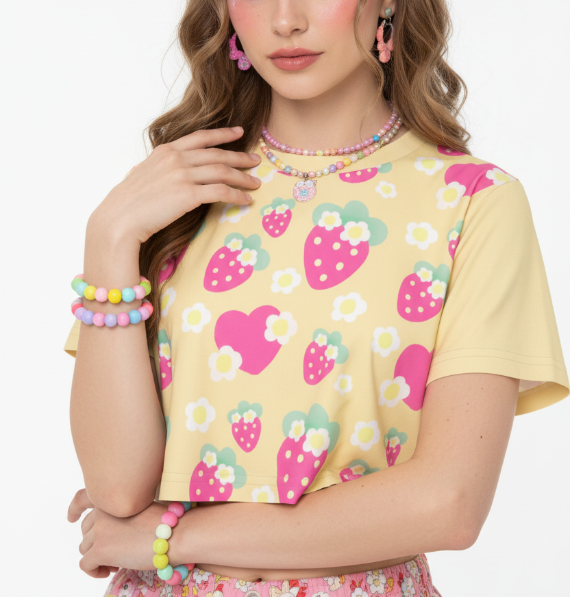 Kawaii cute cutecore strawberry crop top t-shirt flowers Yellow jojifuku Harajuku fashion style jfashion alt fashion