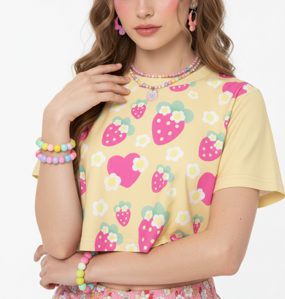 Kawaii cute cutecore strawberry crop top t-shirt flowers Yellow jojifuku Harajuku fashion style jfashion alt fashion