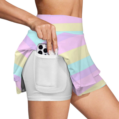 Kawaii fashion Harajuku style Japanese street fashion fairy kei yume kawaii cutecore jojifuku heisei retro sportswear Pastel Stripes Color Block Activewear High Waist Layered Ruffled Sports Mini Skirt With Mesh Shorts & Pockets (Skort) gym workout tennis skirt cute