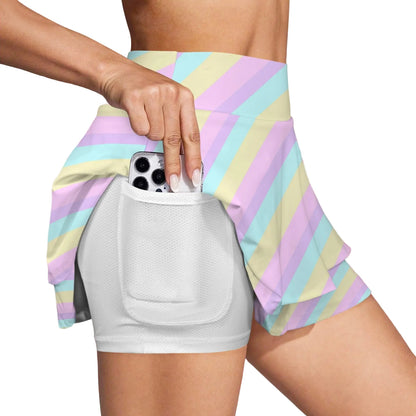 Kawaii fashion Harajuku style Japanese street fashion fairy kei yume kawaii cutecore jojifuku heisei retro sportswear Pastel Stripes Color Block Activewear High Waist Layered Ruffled Sports Mini Skirt With Mesh Shorts & Pockets (Skort) gym workout tennis skirt cute
