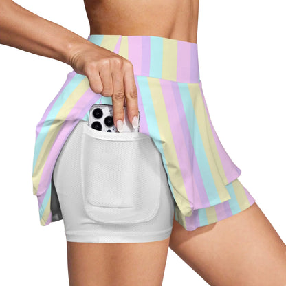 Kawaii fashion Harajuku style Japanese street fashion fairy kei yume kawaii cutecore jojifuku heisei retro sportswear Pastel Stripes Color Block Activewear High Waist Layered Ruffled Sports Mini Skirt With Mesh Shorts & Pockets (Skort) gym workout tennis skirt cute