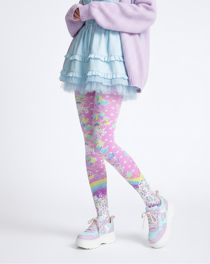 Kawaii fashion Harajuku style Jfashion Japanese street fashion Cutecore jojifuku Heisei retro Rainbow Sweets Stretchy Tights (Cute Polka Dots Pink) candy sprinkles pantyhose stockings cute 