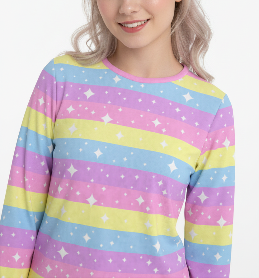 Kawaii fashion Harajuku style Jfashion Japanese street fashion Yumekawaii Yume kawaii Cutecore Jojifulu Heisei retro Rainbow Ribbon Women's Cotton Long Sleeve T-shirt colorful stars sparkles cute 