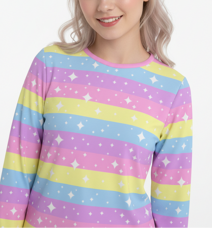 Kawaii fashion Harajuku style Jfashion Japanese street fashion Yumekawaii Yume kawaii Cutecore Jojifulu Heisei retro Rainbow Ribbon Women's Cotton Long Sleeve T-shirt colorful stars sparkles cute 